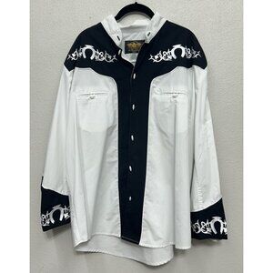 El General Shirt Mens 2XL XXL Black White Toggle Button Horse Shoe Embroidery